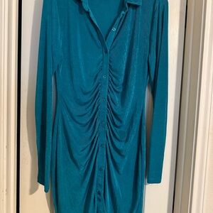 Teal Long Sleeve Button-Up Dress